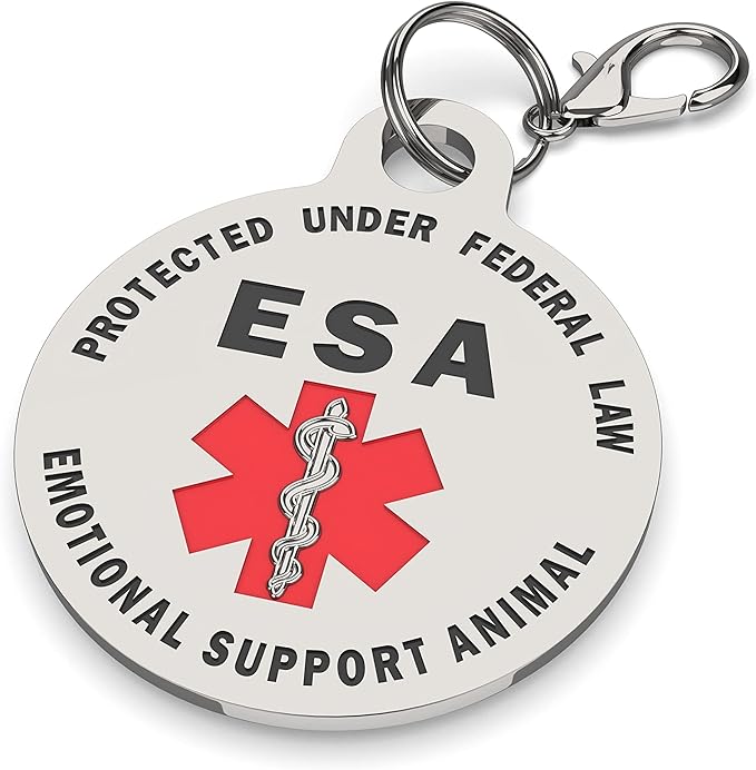 DOUBLE SIDED Small Breed Emotional Support Animal ESA Tag Red Medical Alert Symbol and Protected by Federal Law .999 inch ID Tag. Easily switch between collars harness and vest.