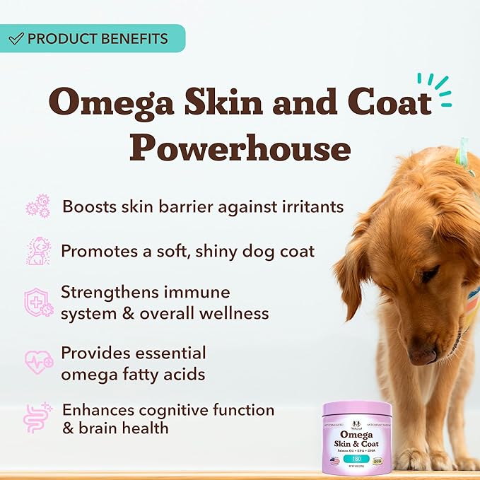 Natural Dog Company Omega Chews for Dogs Skin & Coat Support with Salmon Oil & Omega-3 Fatty Acids, Helps Itchy Skin, Dryness, Shedding, Supports Joints, Heart,Immune System & Overall Health (180 cnt)