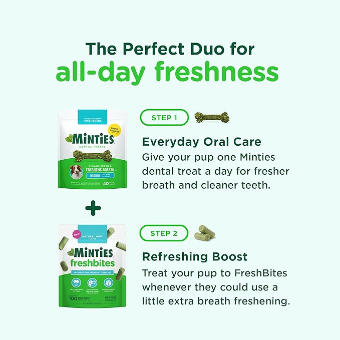 Minties FreshBites Soft and Chewy Dental Treats for Dogs, Low Calorie Natural Mint Flavored Dental Chews for Dogs, 100 Count, Chews Clean Teeth, Fight Bad Breath, and Removes Plaque and Tartar