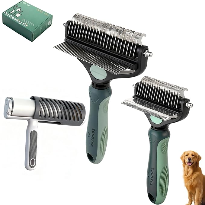3PCS Dog Brushes for Grooming, 2-in-1 Double-Sided Detangling & Deshedding Tool That Stops Mats & Shedding on Golden Retrievers, Huskies, Samoyeds, Peacock Green