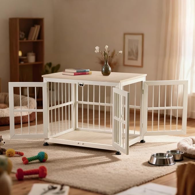 32 Inch Heavy Duty Dog Crate Furniture for Medium and Small Dogs, Decorative Pet House End Table, Wooden Cage Kennel Furniture Indoor with Double Doors, Sturdy Dog Cage for Anxiety Dog