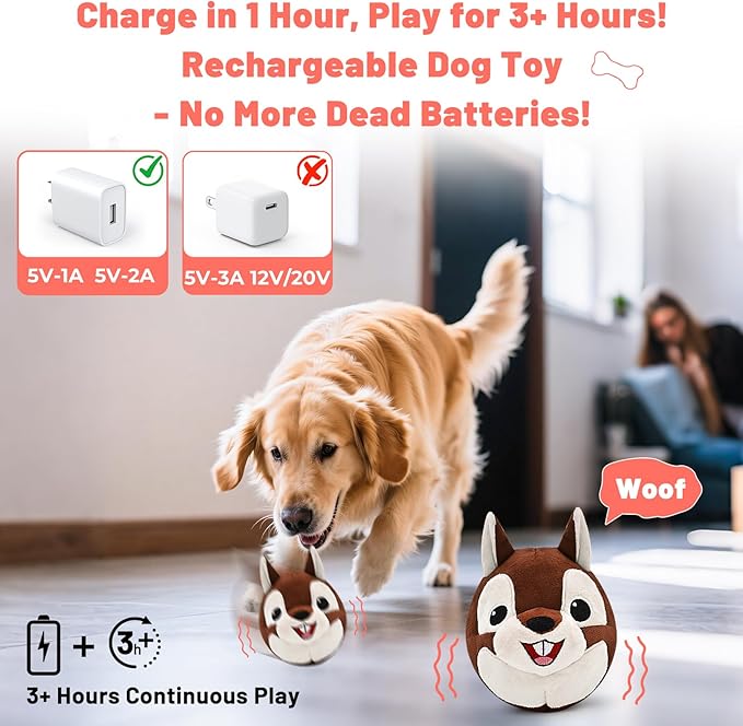 Interactive Dog Toys - Auto Bounce, Move & Vibrate with Sound, Talking Squirrel Puppy Toy for Small Medium Large Dogs, Rechargeable Durable Toy for Anxiety Relief, Boredom & Indoor Play