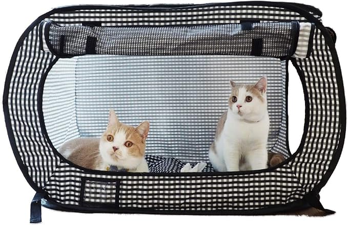 Necoichi Stress-Free Enclosure Cat Travel Carrier Cage 31.8" L x 20.0" W x 20.0" H Collapsible Gray White Stripes | Pop up Kannel, Crates