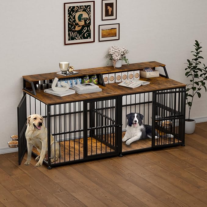 XXL Dog Crate Furniture for 2 Dogs, Extra Large Double Dog Cage Large Breed, Thick Wooden Dog Crate with Storage Rack, 72 Inch Double Dogs House Sturdy Dog Kennel with Removable Divider