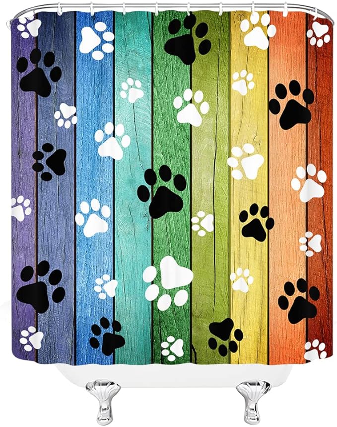 Dog Paws Shower Curtain Rustic Old Barn Wood Board Black White Cute Dogs Cat Pet Paw Abstract Animal Footprint Pattern Print Modern Bath Decor Curtains with Hooks 70Wx80H Inch