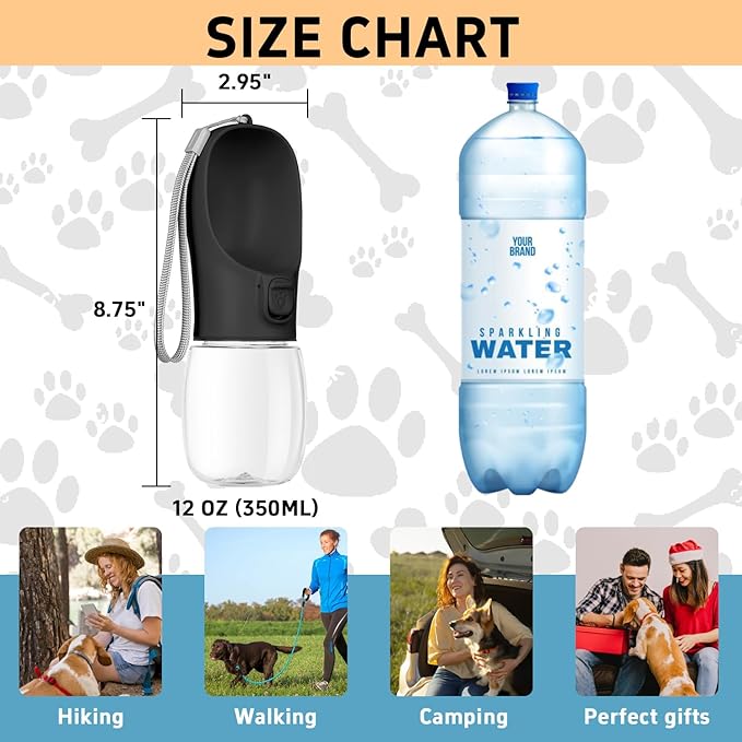 Portable Dog Water Bottle with Bowl, Leak Proof for Travel, Hiking & Camping (Black, 12oz)