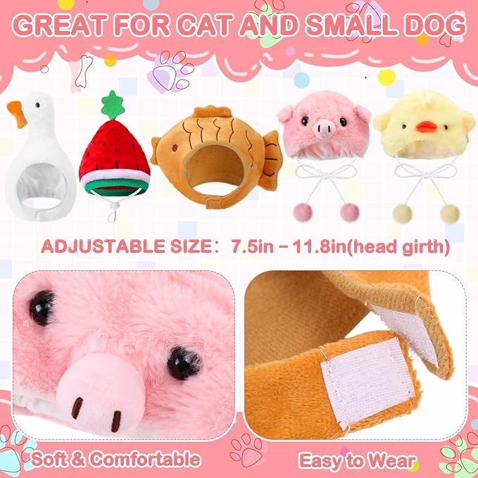 Weewooday 5 Pcs Cat Adorable Costume Pig Chick Goose Watermelon Taiyaki Fish Cat Hat for Pets and Small Dogs Kitten Puppy Party Costume Accessory Headwear
