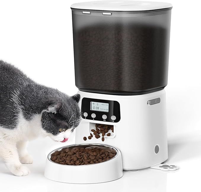 Automatic Cat Feeder,4L Timed Cat Dry Food Dispenser,Pet Feeder up to 6 Meals and 30 Portions per Day,10S Voice Record,Flexible Schedule Timer,Dual Power,Stainless Steel Bowl, for Cats and Small Dogs