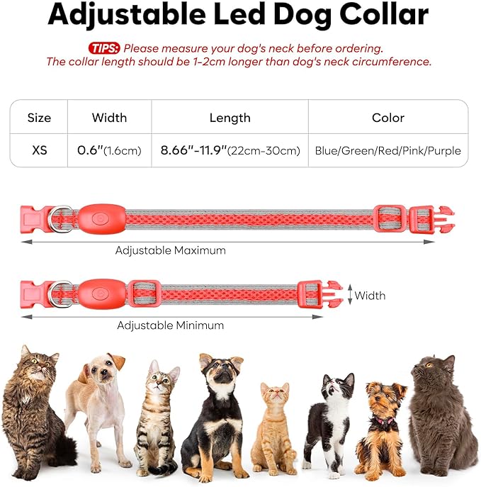 Flashseen LED Cat Collar,Light Up Dog Collar Rechargeable, Dog Lights for Night Walking, Comfortable Soft Mesh Pet Collar Adjustable for Cats Puppy and Small Dogs (Red, XS)