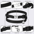 Leather Cat Collar with Buckle and Removable Bell - Non Breakaway Adjustable Soft Safety Small Pet Collars for Girl Boy Cats Kitten (Black)