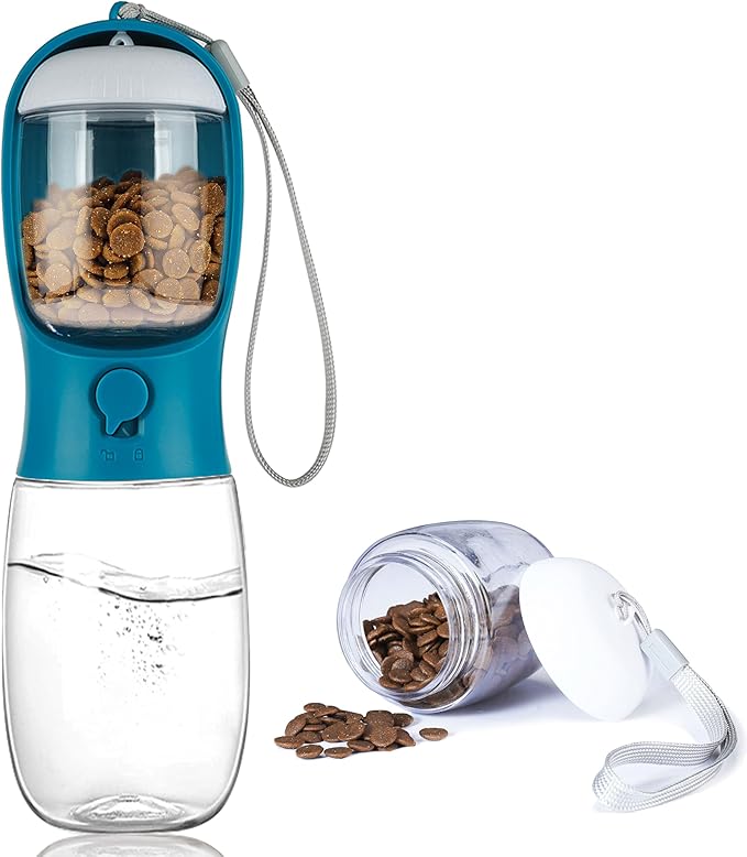 Portable Dog Water Bottle with Food Container,15oz Leak-Proof Pet Water Dispenser for Dogs, Cats, Puppies,Built-in Activated Carbon Filter for Travel,Hiking, Walking,and Outdoor Activities