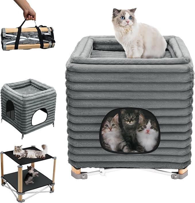 Pozico 2-Tier Collapsible Cat Beds & Furniture, 2 Layer Pine Construction Cat Hammocks, Cat Houses for Indoor Cats, Cat Bed Cave for Multiple or Large Cats up to 30 lbs, All-Season Comfort-Grey-S