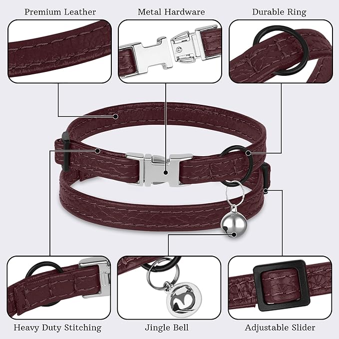 Leather Cat Collar with Buckle and Removable Bell - Non Breakaway Adjustable Soft Safety Small Pet Collars for Girl Boy Cats Kitten (Burgundy)