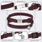 Leather Cat Collar with Buckle and Removable Bell - Non Breakaway Adjustable Soft Safety Small Pet Collars for Girl Boy Cats Kitten (Burgundy)