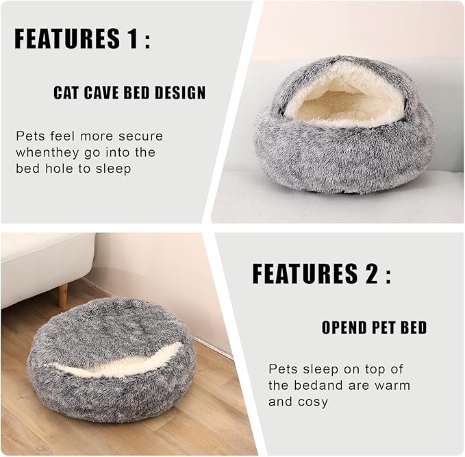 Calming Dog Beds & Cat Cave Bed with Hooded Cover,Washable Round Beds for Small Medium Pets,Anti-Slip Faux Fur Fluffy Coved Bed,Comfortable Warming Pet Bed (16 * 16inch,Grey)