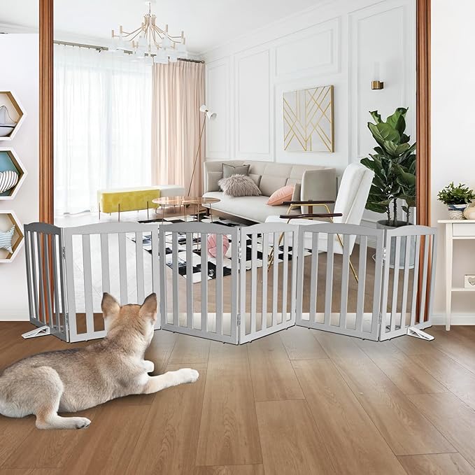 ZJSF Foldable Freestanding Indoor Dog Gate for House Wood Long Pet Gates Dog Fence for Stairs Puppy Gates for Hallways, Puppy Gate,Support Feet Included, Grey, 24 "Height-6 Panels