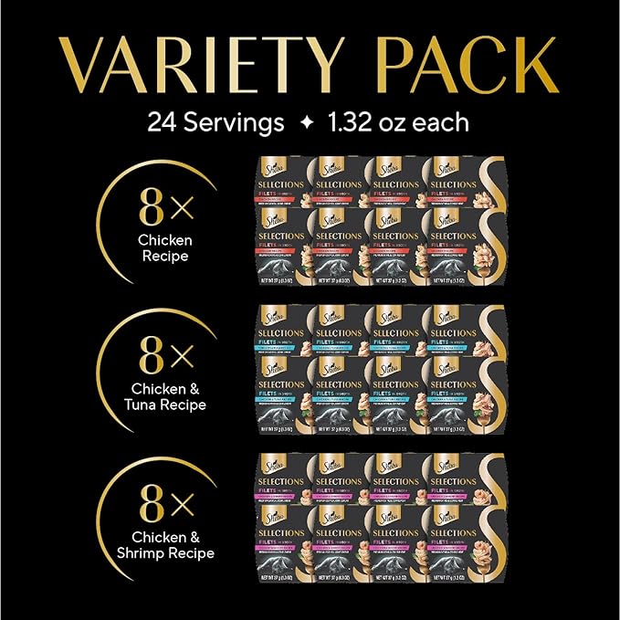 Sheba Selections Filets in Broth Adult Wet Cat Meal Complement Chicken, Tuna, or Shrimp Recipe, 1.3 oz. Cups, 24 Count