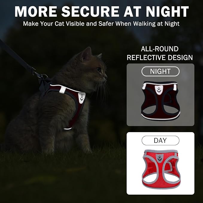 SCENEREAL Cat Harness and Leash Set Escape Proof, Adjustable Soft Air Mesh Kitten Harnesses for Girls Boys Small Medium Big Cats, Reflective Light Travel Pet Walking Vest for Puppy Rabbit, Red M