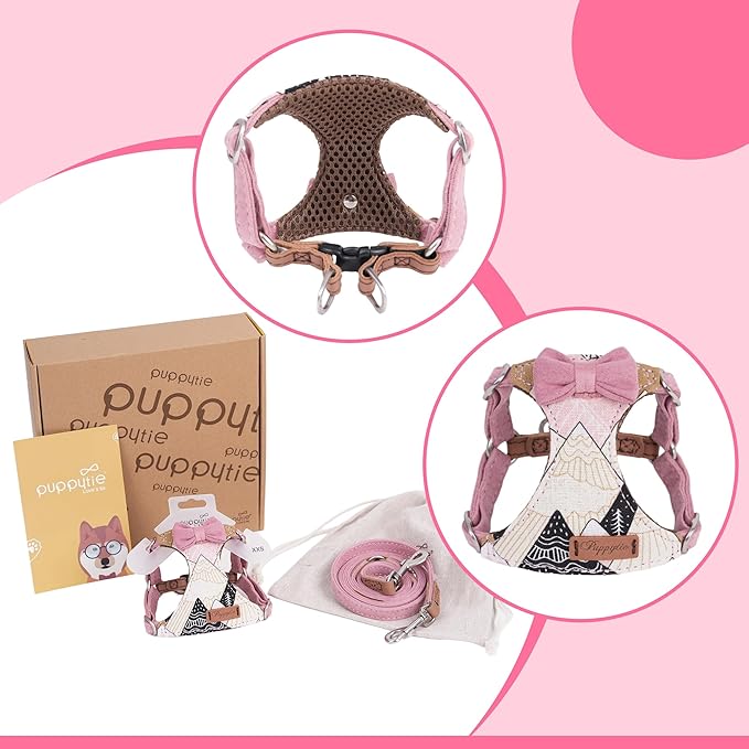 Puppytie No Pull xs Dog Harness with Multifunction Dog Leash,Soft Adjustable No Choke Escape Proof Pet Harness Vest,Suede Bow Pink,XXS