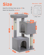 XL Cat Tower 44" Cat Tree for Large Cats 20 lbs+, 2 Spacious Condos with 3.4" Thickened Scratching Post, Large Top Perch, 2 Interactive Toys, Grey