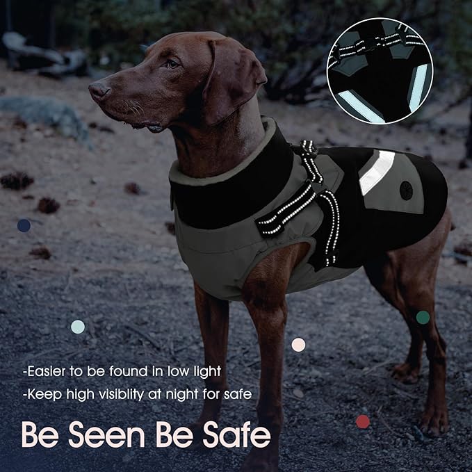 IECOii Large Dog Coat with Harness Built in,Reflective Waterproof Dog Coat for Giant Breeds - Zip Up Fleece Jacket for Dogs,Great Dane Winter Coats Warm Snowsuit for Cold Weather, Black, 4XL