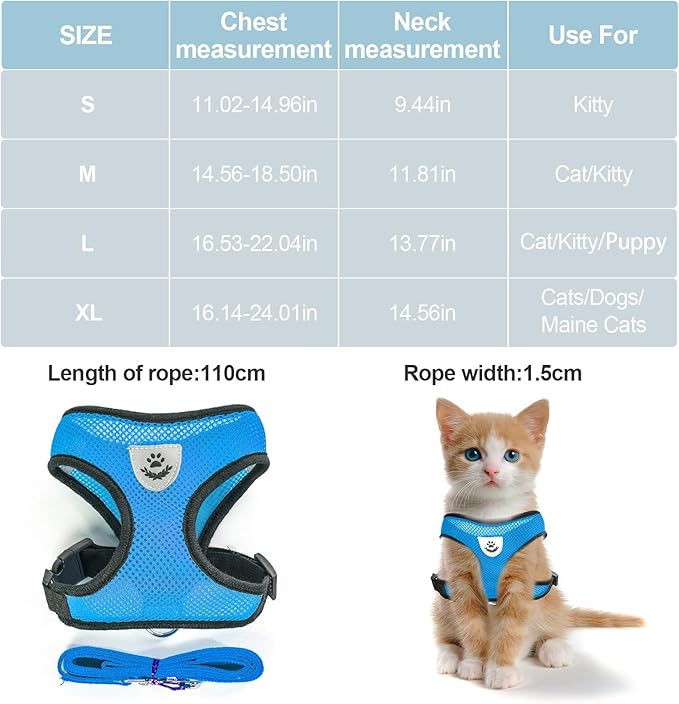 Shudyear Cat Harness and Leash, Adjustable Soft Mesh, Anti-Escape, Reflective Design, Size M, Sky Blue