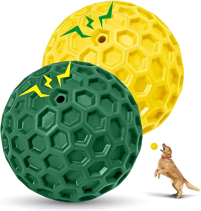 2 Pack Indestructible Squeaky Dog Balls for Aggressive Chewers, Durable Rubber Chew Toys for Teething, Anxiety Relief Perfect for Large, Medium Breeds, Indoor Outdoor Use
