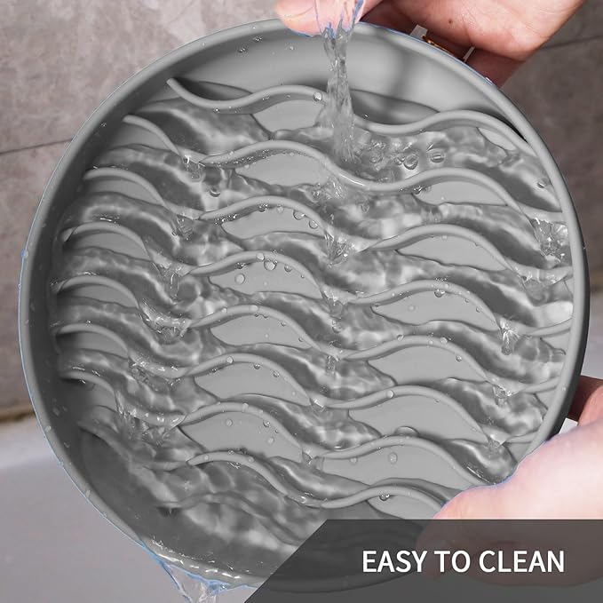 Slow Feeder Dog Bowls, Silicone Food Bowl Anti-Gulping, Pets Puppy Slow Feeder with Suction Cups, Dishwasher Microwave Safe for All Small Medium Dogs, Wave Design Grey