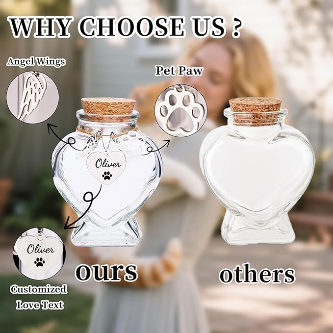Personalized Pet Fur Keepsake Bottle, Heart Shape Custom Name Engraved Glass Dog Hair Keepsake, Pet Hair Memorial Vials for Dog/Cat Hair & Ashes, Sympathy Gift for Pet