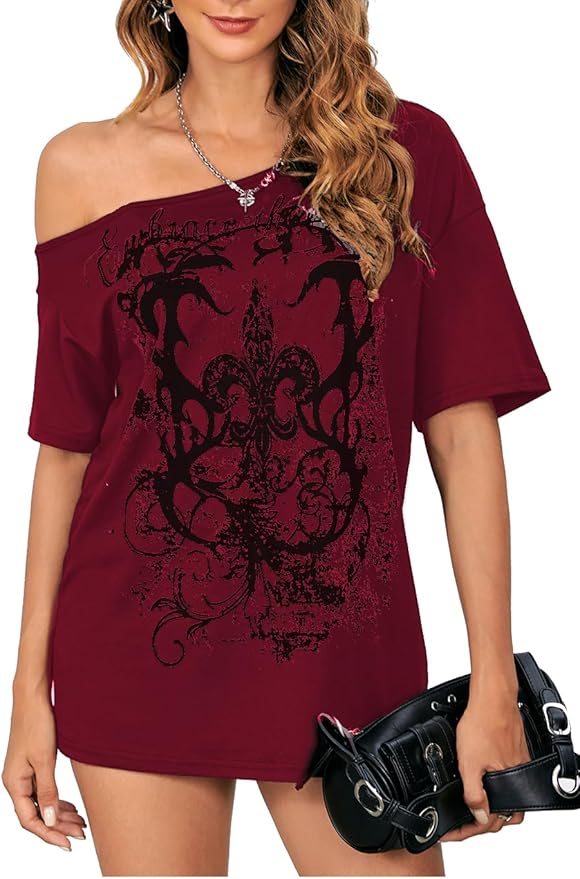 SOLY HUX Women's Off The Shoulder Tops Graphic Tees Y2k Vintage Gothic Oversized T Shirts Streetwear