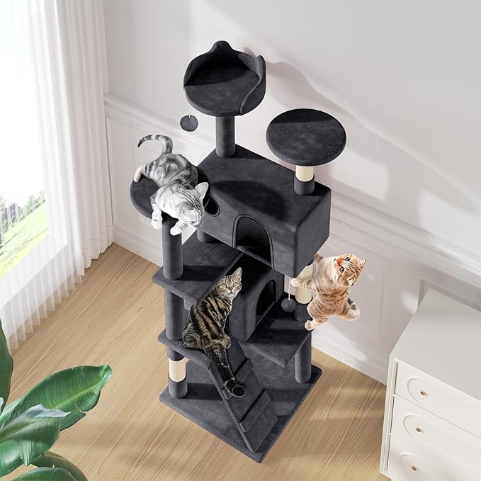 MoNiBloom 70 Inch Cat Tree Tower for Indoor Cats Large Adults, Tall Cat Tower with Scratching Post, Multi-Level Furniture Activity Center with Cat Condo Pet Play House, Smoky Grey
