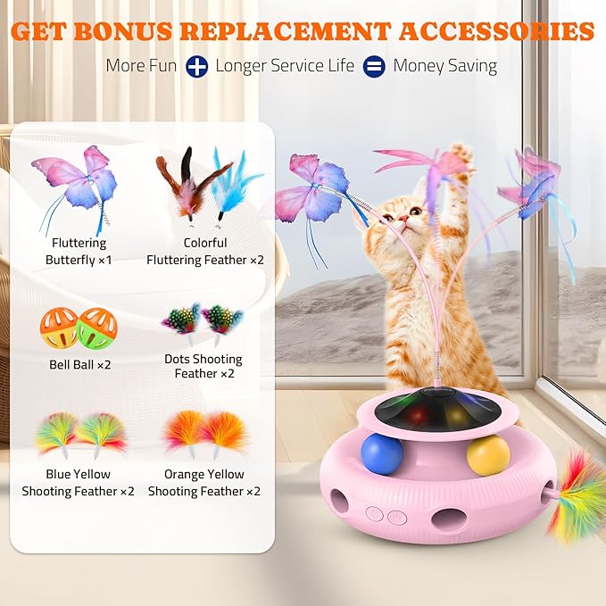 Pawtners Interactive Cat Toy 4 in 1 Automatic Cat Toy for Indoor Cats, Electric Kitten Toy with Rechargeable Battery, Self Play Kitty Toys with Fluttering Butterfly, Track Ball and Feather Pack, Pink