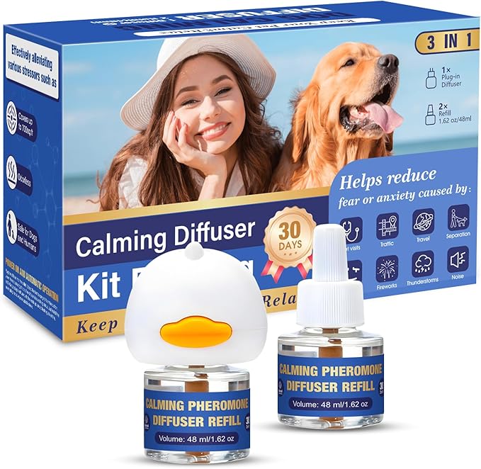 Dog Pheromone Calming Diffuser: Relaxing Pheromone for Dogs Relief Stress Anxiety Fighting Scratching Barking, Dog Calming Pheromone Diffuser Kit with 1 Plug in Diffuser+2 Refill 48ml (3in1)