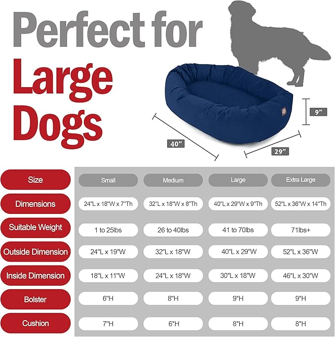 Majestic Pet 40 Inch Suede Shredded Memory Foam Mix Calming Large Dog Bed Washable 40 x 29 x 9 (Inch) - Cozy Soft Round Donut Dog Bed with Spine for Head Support - Pet Bed Navy