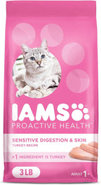 Iams IAMS PROACTIVE HEALTH Adult Sensitive Digestion & Skin Dry Cat Food with Real Turkey Cat Kibble, 3 lb. Bag