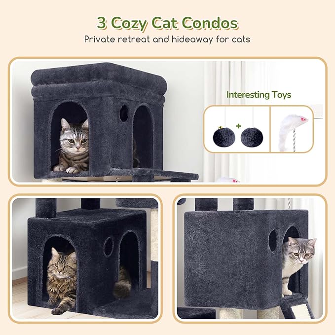 Globlazer Cat Tower for Indoor Cats, 52in Multi-Level Heavy Duty Cat Tower with 4 Scratching Posts, Ladder, Sturdy Cat Tree with 3 Cat Condos for Adult Cats Kittens, Hanging Basket, F52B, Dark Grey