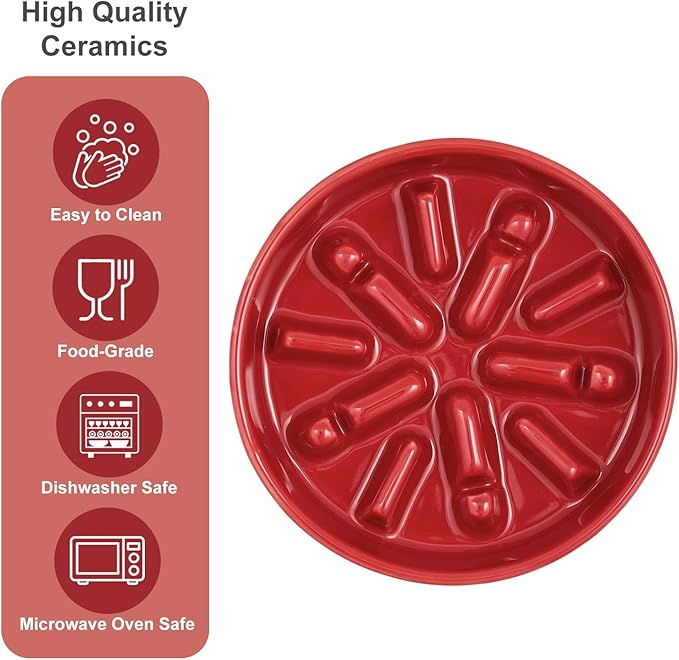 Ceramic Maze Dog Slow Feeder with Non-Slip Silicone Rim (& Bamboo Stand) – Heavy-Duty Stoneware Bowl with Puzzle Pattern for Bloating & Obesity Prevention (Raised-Red-M)