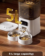 Automatic Cat Feeder 2 Cats with Camera, 5L Dual Pet Auto Timed Electric Smart APP Food Feeding Dispenser (White, 2 Bowls)