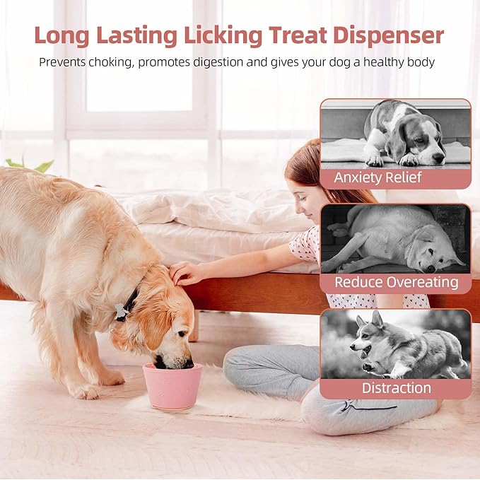 Dog Slow Feeder Lick Bowl, Non-Slip Dog Licking Treat Dispenser, Slow Feeder Bowls for Small Medium Large Breed Dogs, Anxiety Relief & Anti-Choking, BPA Free Silicone (Pink, 1.6 Cup)