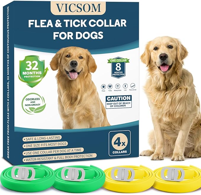4 Pack Flea Collar for Dogs, Flea and Tick Collars for Dogs, 32 Months Flea and Tick Prevention for Dog, Dog Flea and Tick Treatment, Water-Resistant & Adjustable Flea Collar - Green&Yellow