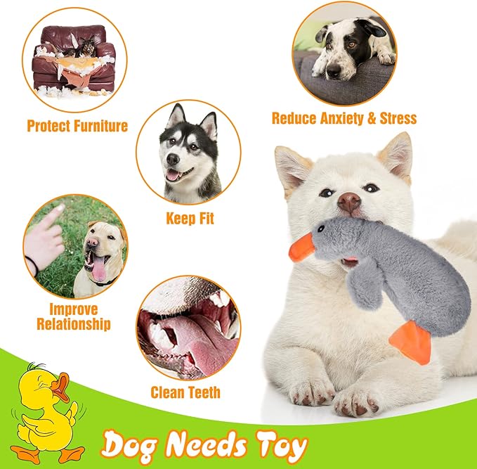 EXPAWLORER Plush Squeaky Duck Dog Toy - Soft Stuffed Cute Duck, Best Birthday Gift Interactive Filled Chew Toys for Small Medium Large Dogs Puppy Biting Training Teething, Grey