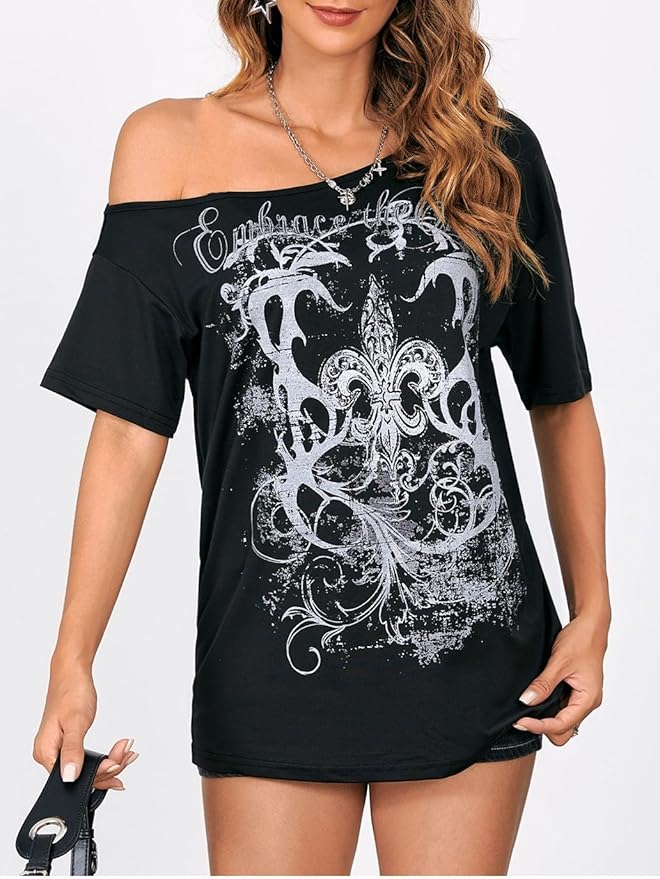 SOLY HUX Women's Off The Shoulder Tops Graphic Tees Y2k Vintage Gothic Oversized T Shirts Streetwear