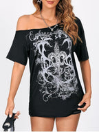 SOLY HUX Women's Off The Shoulder Tops Graphic Tees Y2k Vintage Gothic Oversized T Shirts Streetwear