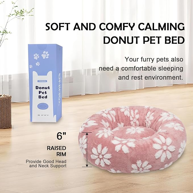 Donut Dog Beds for Small Dogs, Calming Round Cat Beds for Indoor Cats, Cute 3D Textured Flower Pet Bed with Removable Washable Cover and Anti-Slip Bottom（Pink，20"）