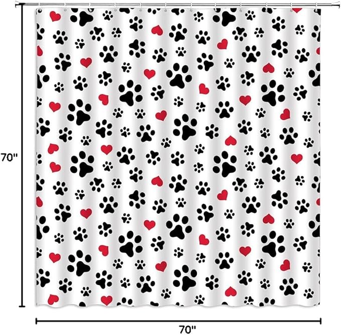 Dog Paw Print Shower Curtain Pet Lovers Cute Kitten Cat Footprint Red Love Heart Abstract Geometric Drawing Style Animal Decor Boys Girls Polyester Fabric Bathroom Curtain 70 x 70 Inch