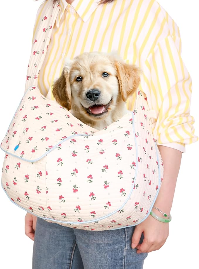 Floral Pet Carrier Sling, Breathable Cotton Dog Purse Carrier, Hand-Free Travel Puppy Purse for Small Dog 5-15 lbs, Cat Sling Chest, Per Mom Dad Gifts(White, Large)