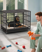 48In Heavy Duty Dog Crate, Indestructible Escape-Proof Kennel for Large Dogs, XL Dog Crates, Double Door, with Removable Tray and Wheels, Ideal for High-Anxiety Dogs