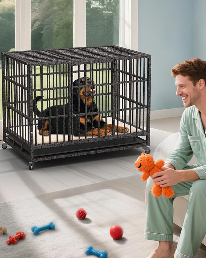 48In Heavy Duty Dog Crate, Indestructible Escape-Proof Kennel for Large Dogs, XL Dog Crates, Double Door, with Removable Tray and Wheels, Ideal for High-Anxiety Dogs