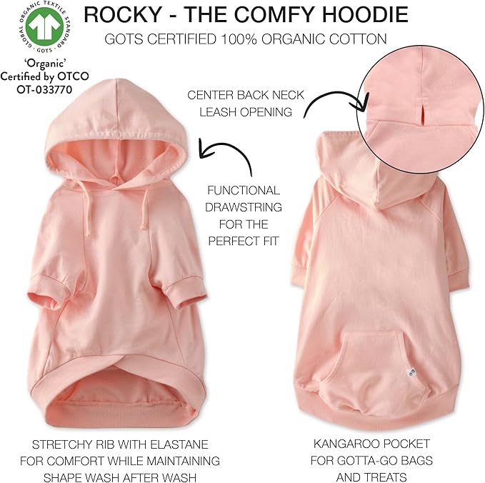 Rocky – The Orginal Lightweight Hooded TEE 100% Organic Cotton Dog Hoodie Pet Coat Sweater for Small, Medium, Large Dogs, Pink, X-Small