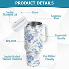 Boccsty Vintage French Floral Insulated Tumblers Blue Pattern Reusable Stainless Steel Tumbler 40 oz Cup Coffee Travel Mug Water Bottle with Handle & Flip Straw for Home Office Car